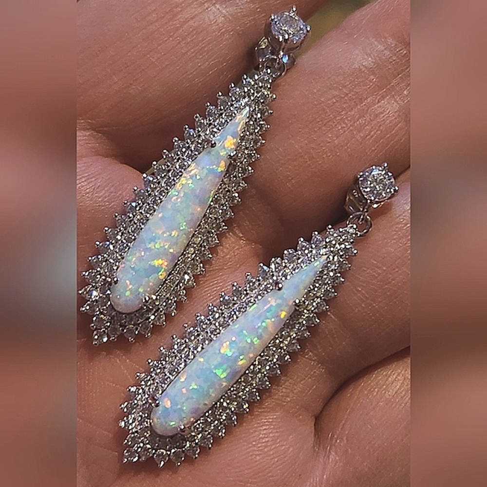 Opal Drop Cubic Zirconia Pierced Earrings